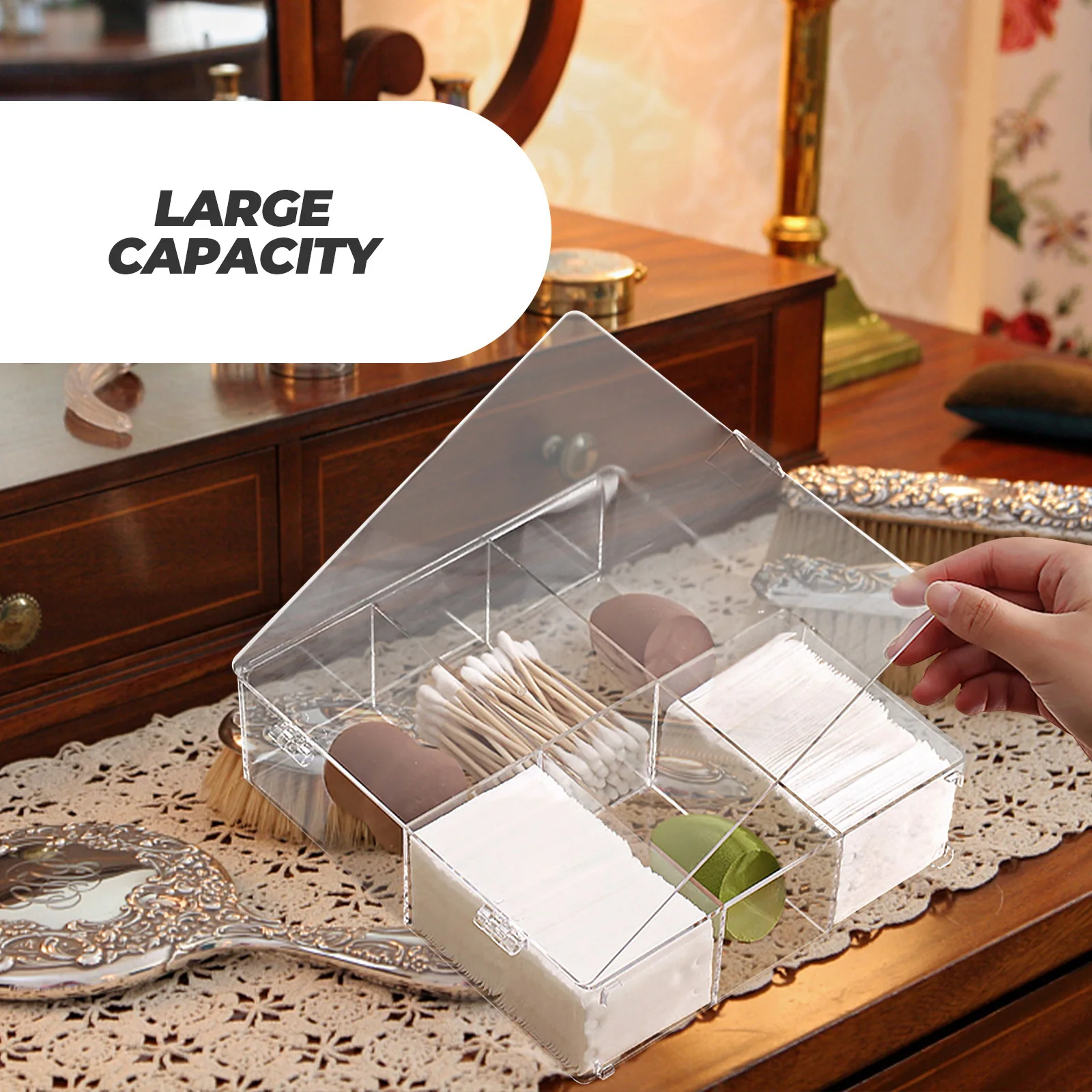

Household Acrylic Cotton Pad Holder Multi-Compartments Lipstick Container Clear Lid Makeup Organizer Desktop Storage Box