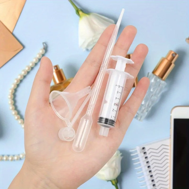 Conjunto de recarga de perfume de 5 peças: funil de plástico, pipeta, conta-gotas e seringa - para cosméticos líquidos, perfumes e óleos essenciais