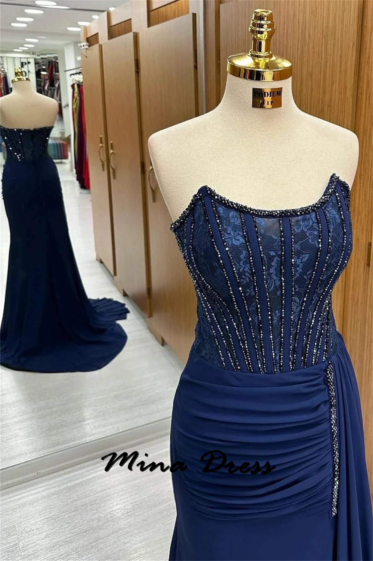 

Mina Sleeveless Strapless Evening Dresses Woman Elegant Luxury Evening Dress 2024 Dubai Beaded Embroidery Off the Shoulders Prom