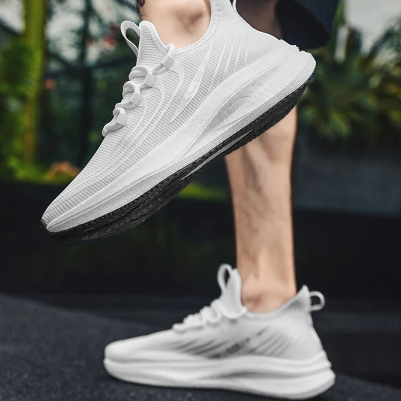 

Men's Spring Summer Flying Mesh Breathable Solid Color Thick-soled Height-increasing Soft-soled Anti-slip Lace-up Running Shoes