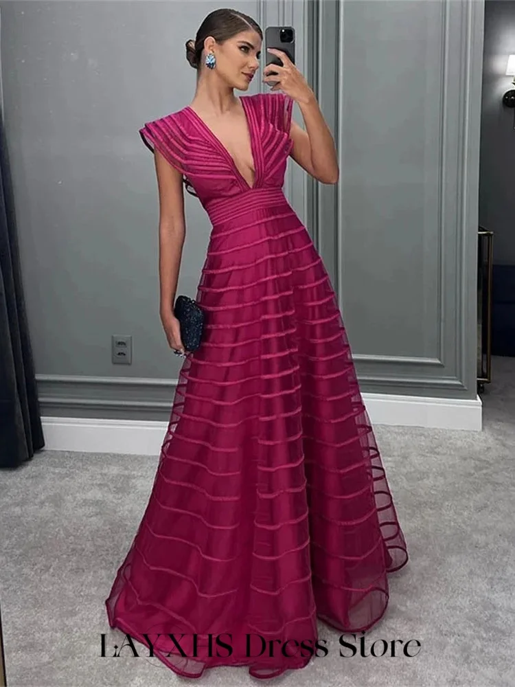 

LAYXHS Fashion Deep V-Neck Evening Dresses A-Line Ruffle Backless Sleeveless Party Prom Dresses Customized فستان سهرة نسائي