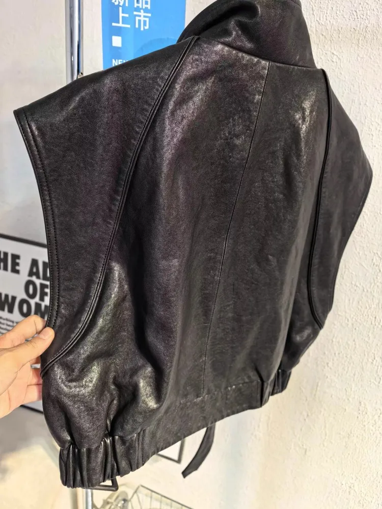 Top Quality Women Genuine Leather Motorcycle Short Vest Stand Collar Casual Waistcoat Zip Natural Sheepskin Sleeveless Outerwear