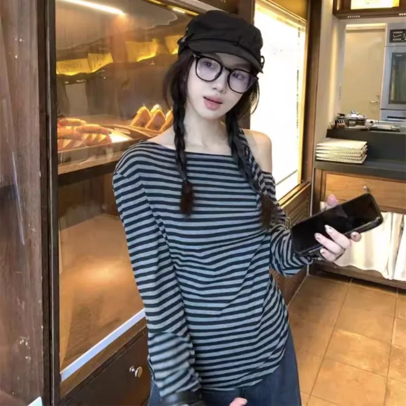 Damska koszulka w paski z długim rękawem, w stylu japońskim, basic, slim fit, nowa kolekcja wiosna-jesień, styl koreański streetwear, y2k, cienka.