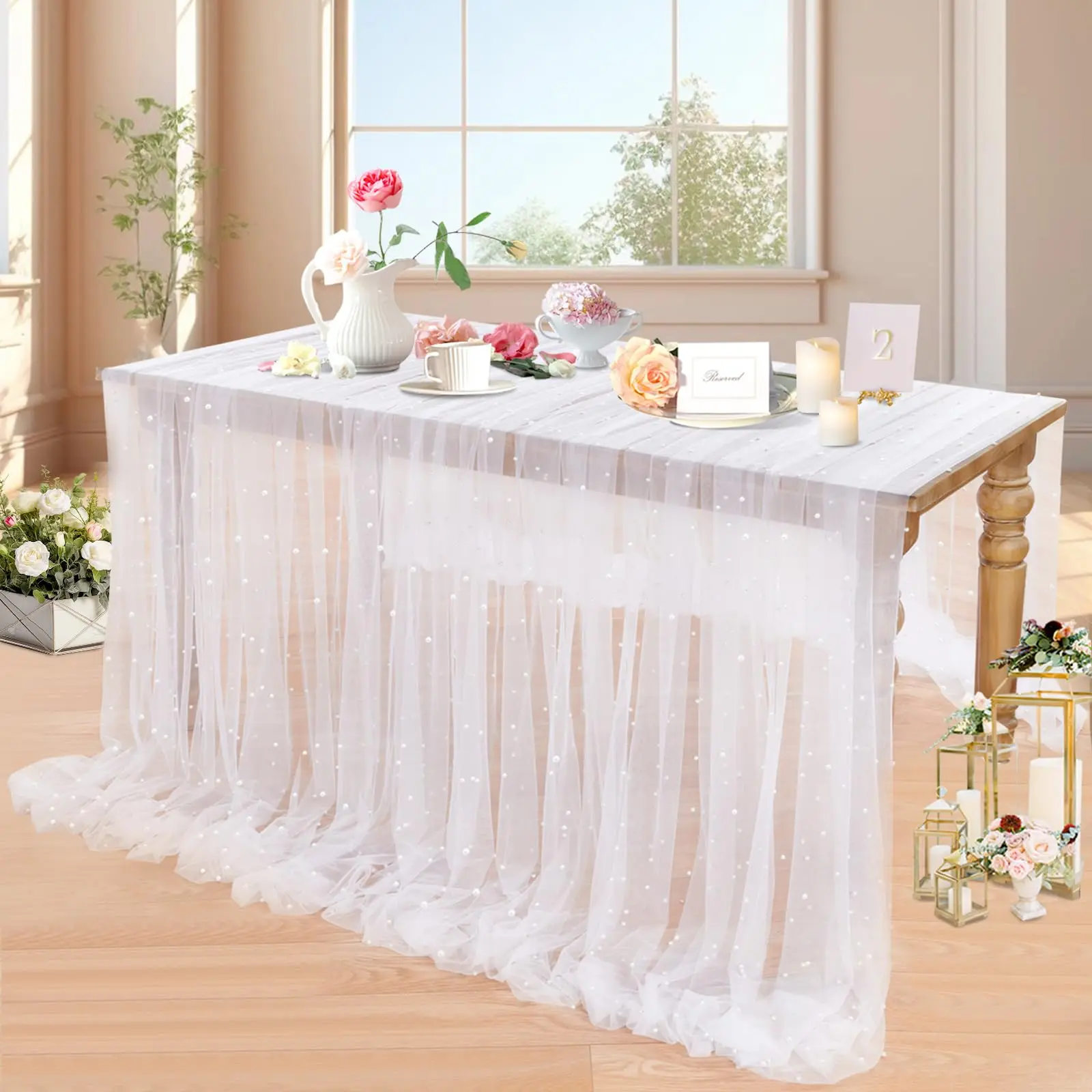 White Pearl Table Cloth Wedding Table Runner Decor Tulle Fabric for Bridal Shower Wedding Arch Veil Lace Dessert Table Cover