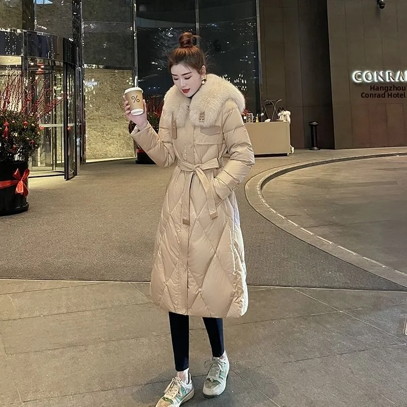 

Winter Thickened White Duck down Jacket Women's Fashionable Mid-Length Over-Knee Fur Collar Coat Korean Style Commute Wind