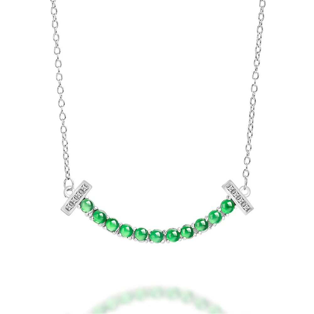 925 Silver Natural Green Jadeite Beads Smile Design Lucky Pendant Amulet Necklace Certificate Luxury Jade Vintage Gift Jewelry