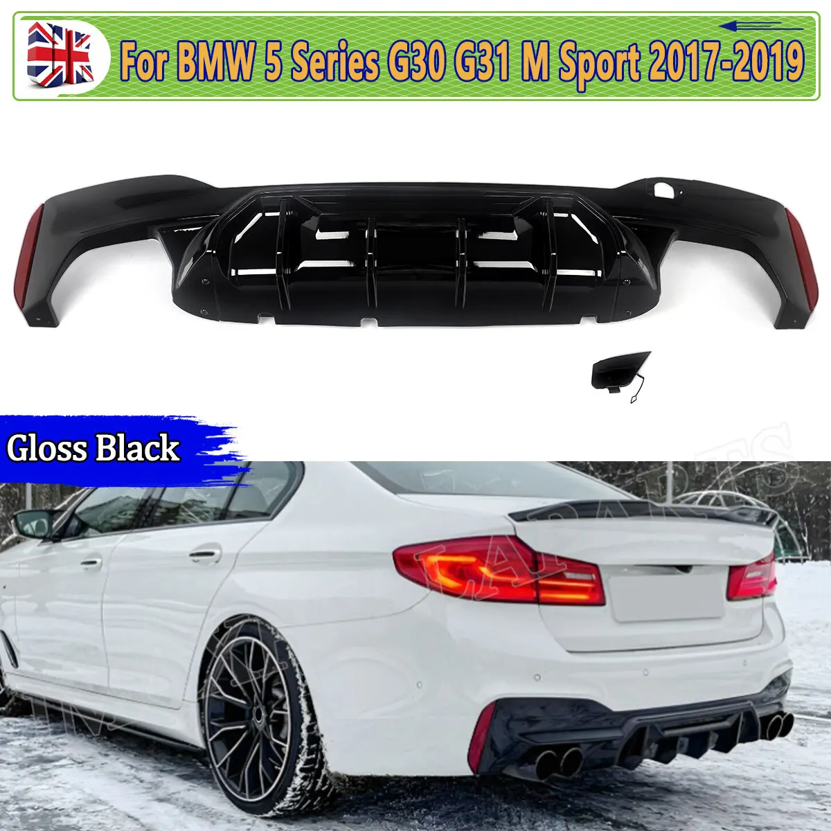 Image of Heckdiffusor-Splitter für BMW 5er G30 518d 520i 530i 540i M Sport, glänzend schwarz, hinterer Volant-Diffusor, Quad-Ausgang 2018–2020
