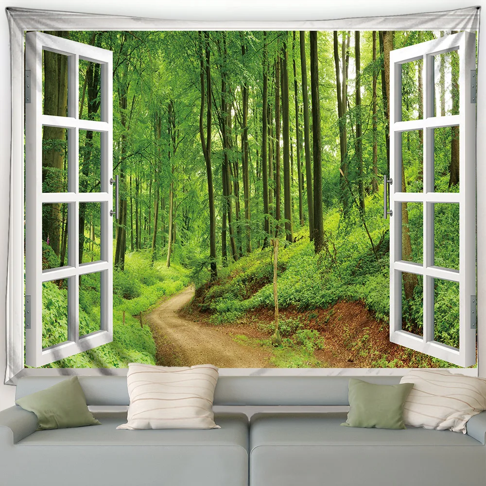 Forest Landscape Tapestry Green Plant Flowers Waterfall Ocean Beach Nature Garden Wall Hanging Home Living Room Decor Tapestries