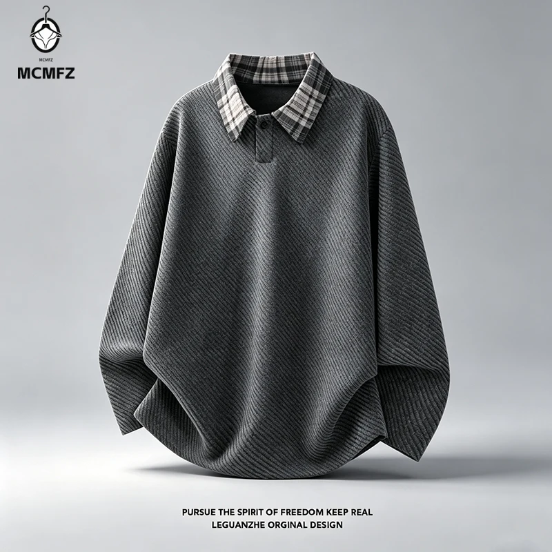 Mens Long Sleeve V Neck Corduroy Sweatshirt Plaid Spliced Collar Diagonal Texture Loose Fit Daily Wear
