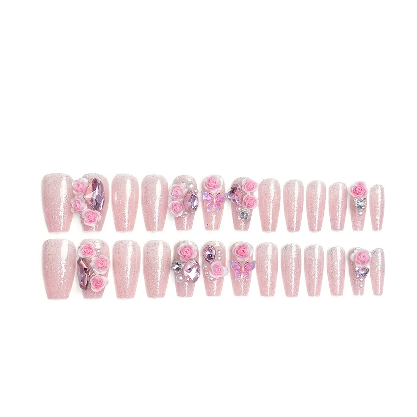 24pcs Gentle False Nails 3D Pink Flower Metal Bowknots Press On Nails Medium-lenghth Wearable Korean Style Fake Nail Tips Art