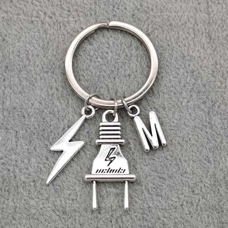 Fashion A-Z Letter Charm Lightning Bolt Plug Electrician Keychain for Electrical Worker Bag Car Keyring Gifts