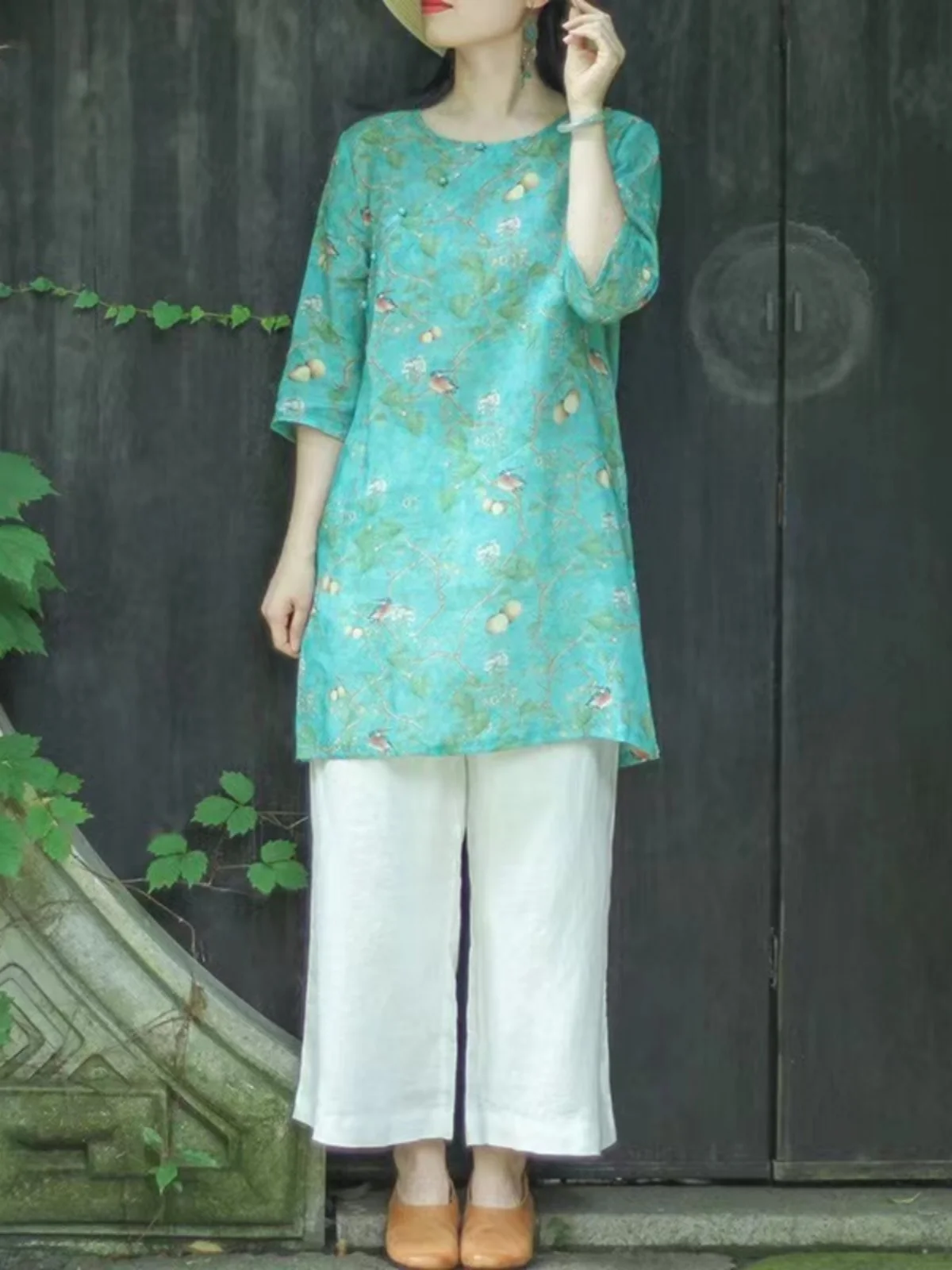 Retro Print Linen Seven Sleeve Cotton Shirt Women Summer New Chinese Style Zen Tea Service Mid-Length Cotton Linen Top