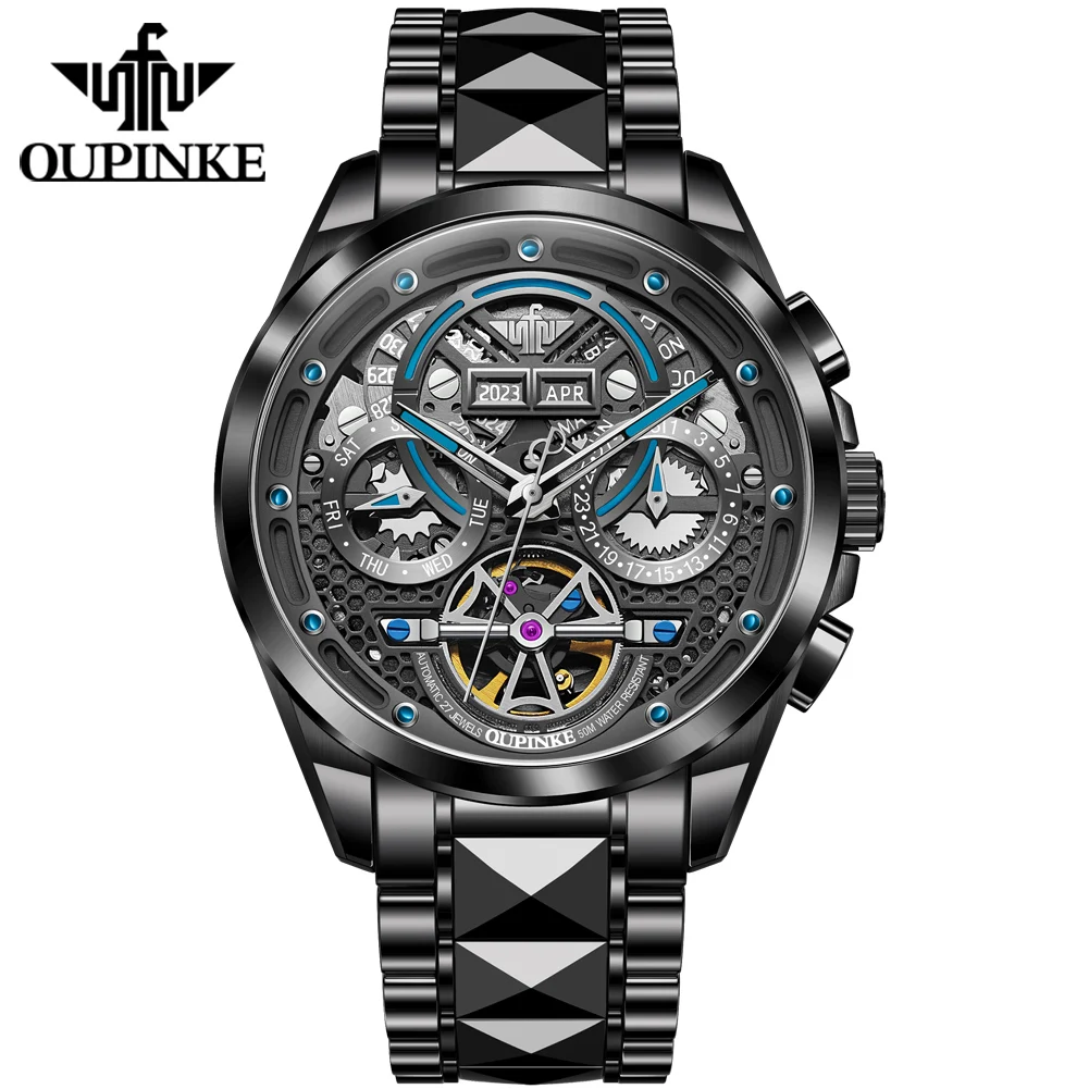 OUPINKE Tourbillon Mens Watches Top Brand Luxury Waterproof Sports Men Skeleton Automatic Mechanical Watch for Men Gift Relogio