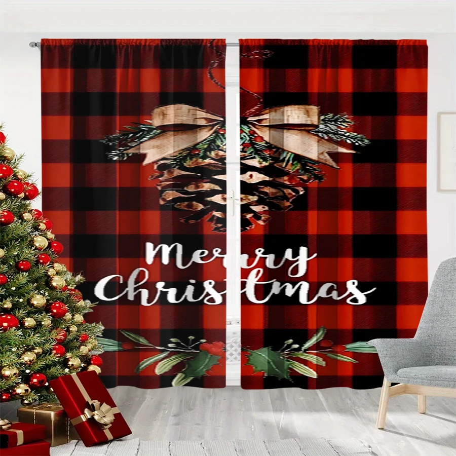 2PCS Christmas Winter Curtains, Plaid Pinecone Bow Merry Christmas Holly Red, Digital Print, Bedroom Living Room, Home Decor