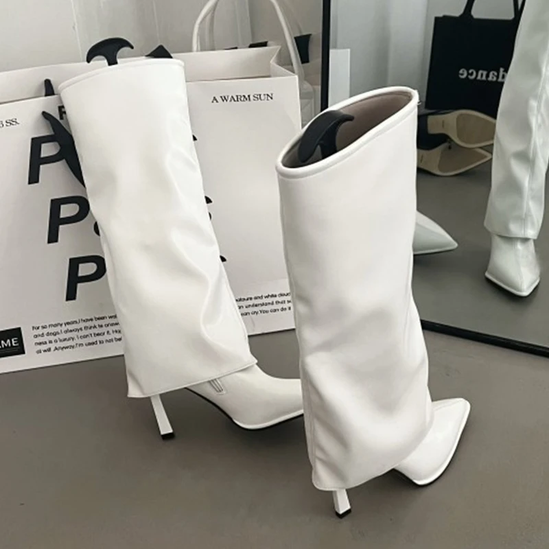 Party Modern Ladies Knee High Boots Pointed Toe Fashion Pleated Western Women Long Boots Shoes Female Pumps Heels Shoes