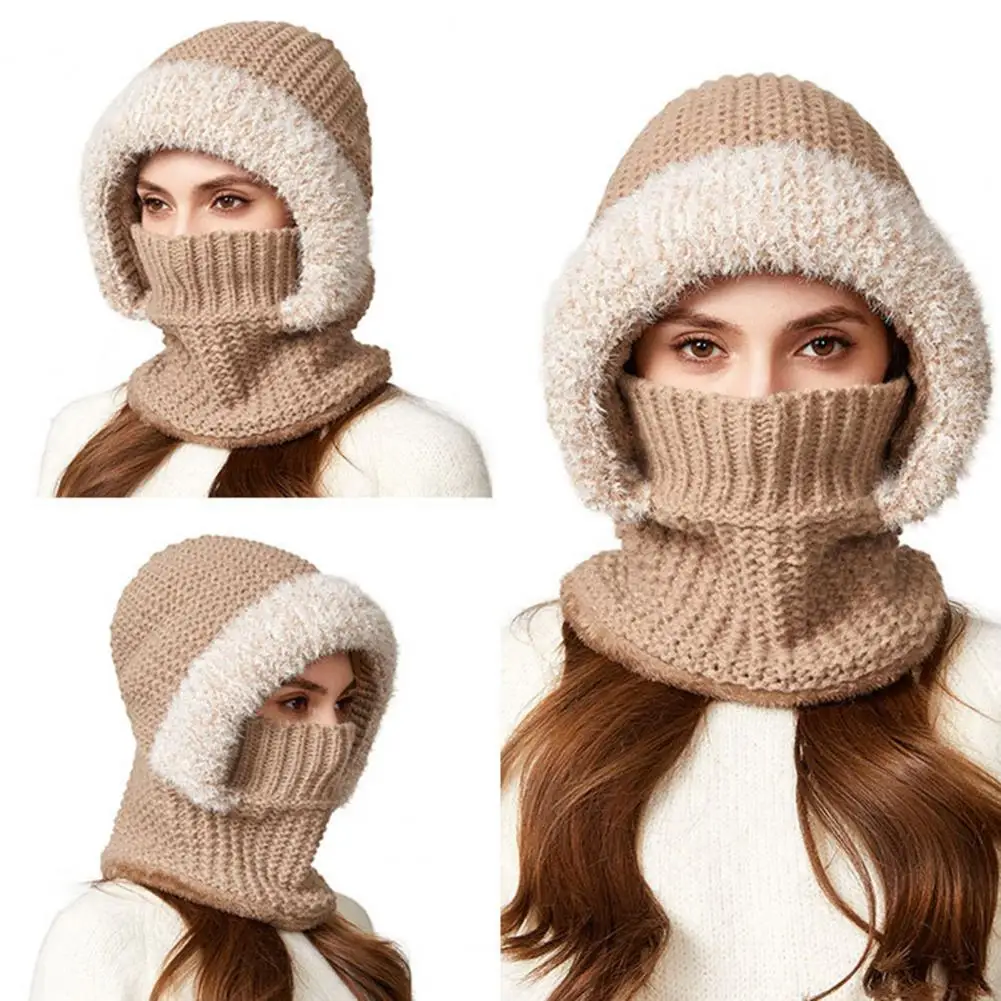 قبعة شتوية مناسبة على شكل قبعة 3 1 طقم قبعات متماسكة مع حواف قطيفة وبطانة مخملية وشاح شتوي مقاوم للرياح مبطن بالصوف واقي وجه للنساء #1