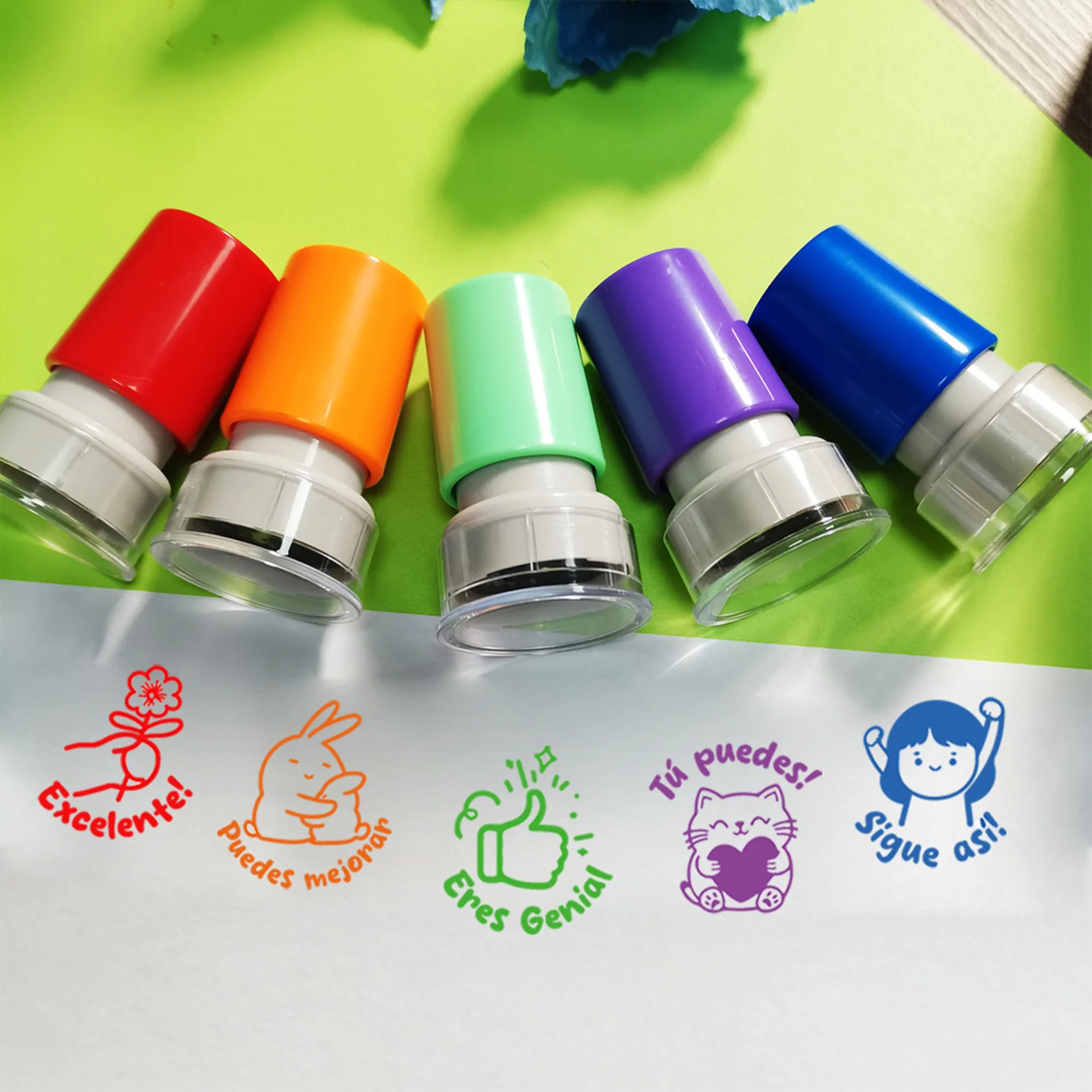 5PCS Cartoon Spanish Praise Stamps Clear Cartoon Patterns Vibrant Colors for Students Girls Children Boys