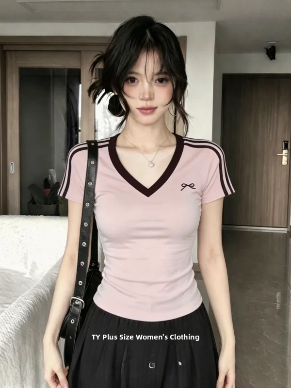 plus Size Sweet Girl Style Color Block V Neck Short T Shirt Summer Slimming Side Pleat Cut out Atmosphere Travel Top Women's ...