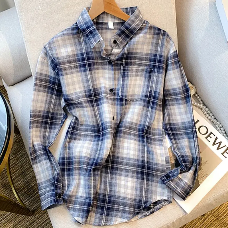 

2025 New Casual Loose Long Sleeve Plaid Shirt Women Blouses Spring/Summer Basic Shirt Coats Vintage