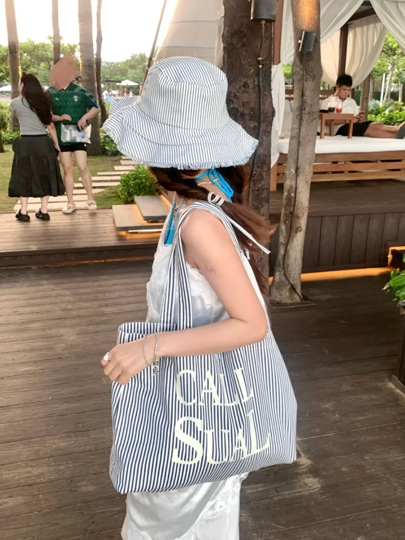 

Large Capacity Striped Canvas Bag Single Shoulder Bag Ins Blogger Style Korean Lazy Casual Print Blue White Stripes Bag