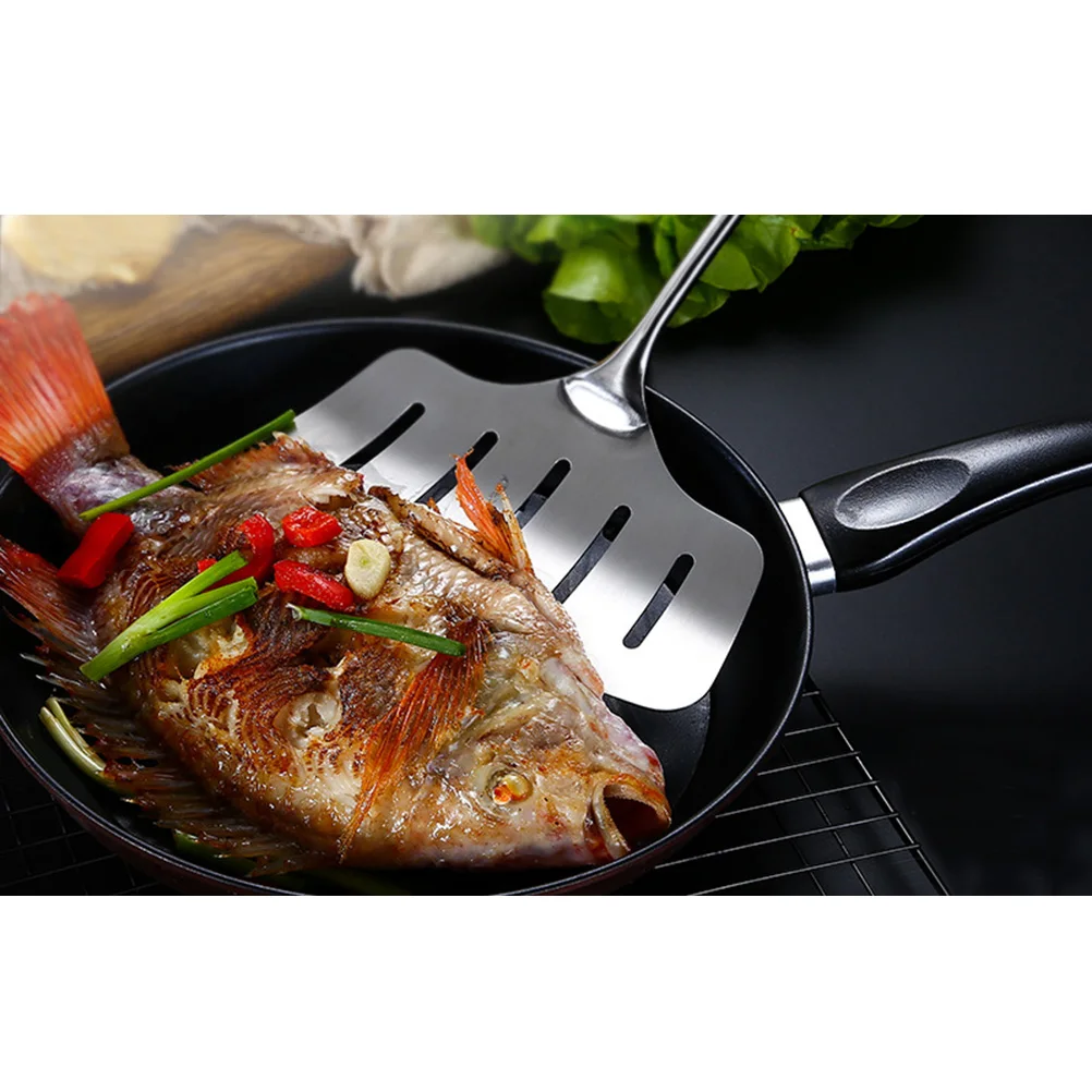 Espátula de pescado frito de acero inoxidable, volteador ranurado ancho, pala para Pizza, utensilio de cocina, borde fino Flexible, a prueba de goteo, filete de mariscos