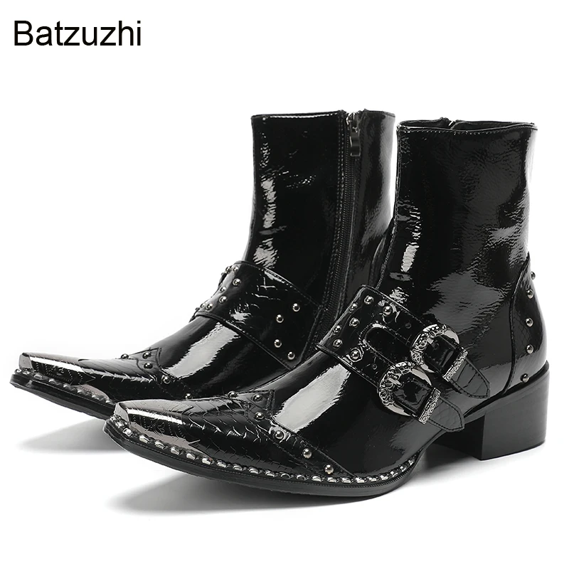 

Batzuzhi Rock Western Men's Boots Fashion Iron Toe Black Leather Ankle Boots Buckles Knight Men Boots Zip, Big Sizes US6-13