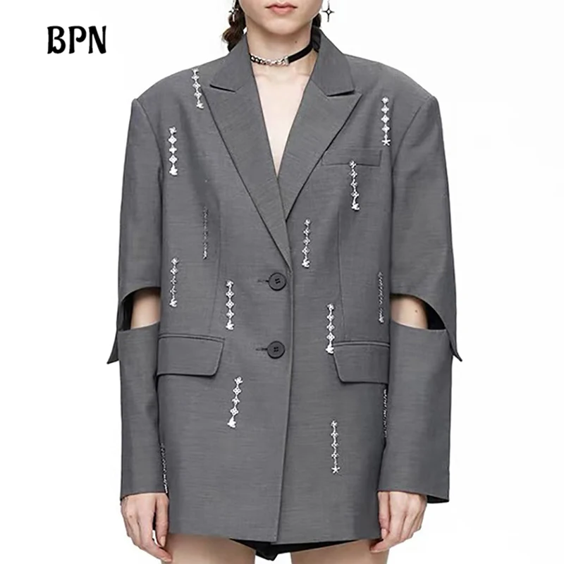 

BPN Solid Patchwork Chain Loose Blazers For Women Notched Collar Long Sleeve Spliced Single Breasted Chic Coats Female Fashion