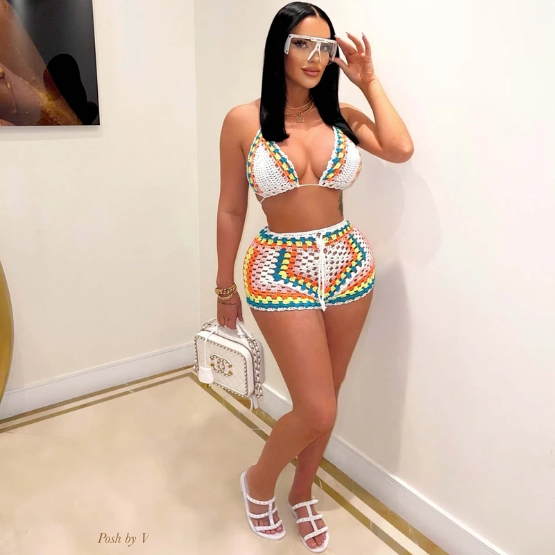 STILVOLLE DAME Kontrastfarbe Häkeln 2-teiliges Set Outfits Neckholder Crop Top und Shorts Anzüge 2025 Sommer Patchwork Sexy Strand-Sets