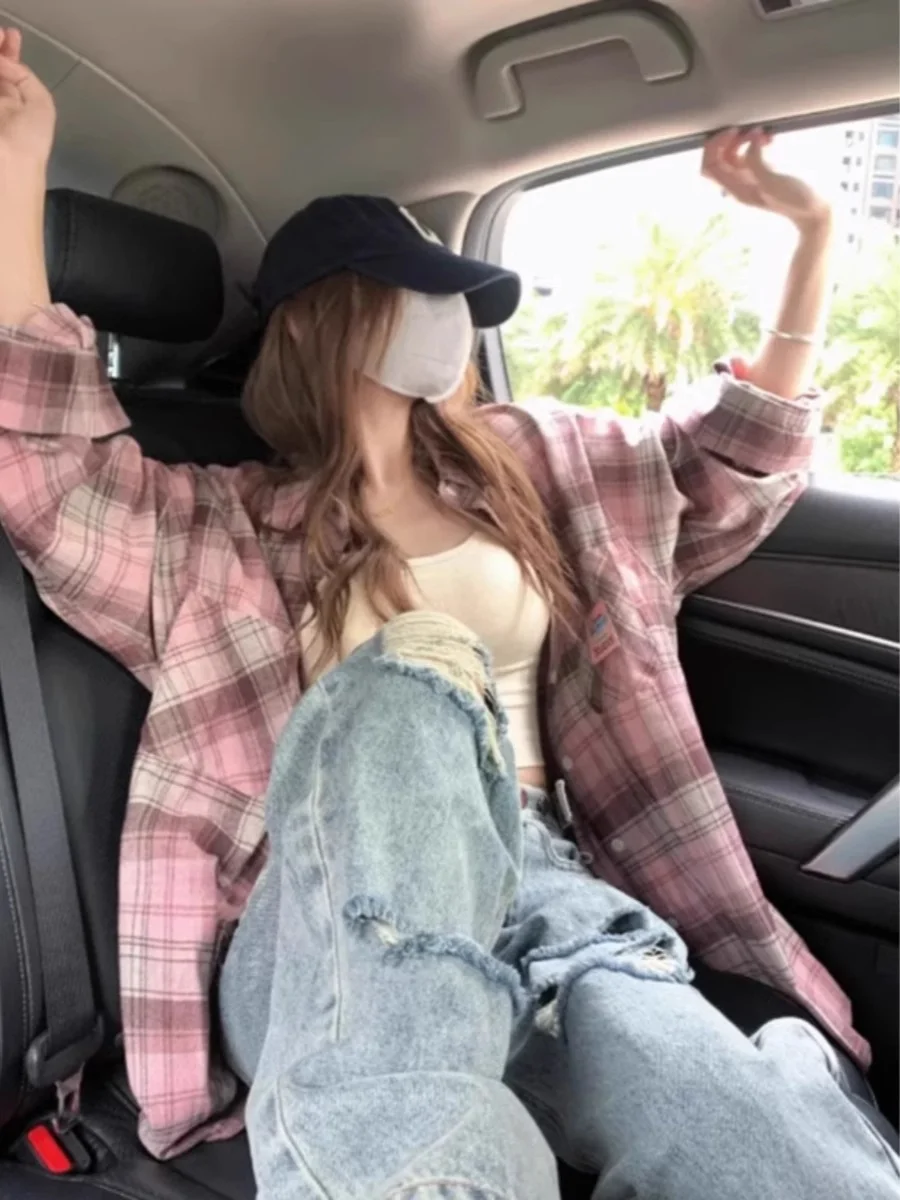 Plus Size Roze Plaid Zonwering irt Dames Zomer 2025, Nieuwe Sle Amerikaanse Retro Losse irt Jaet Trendy Kraag