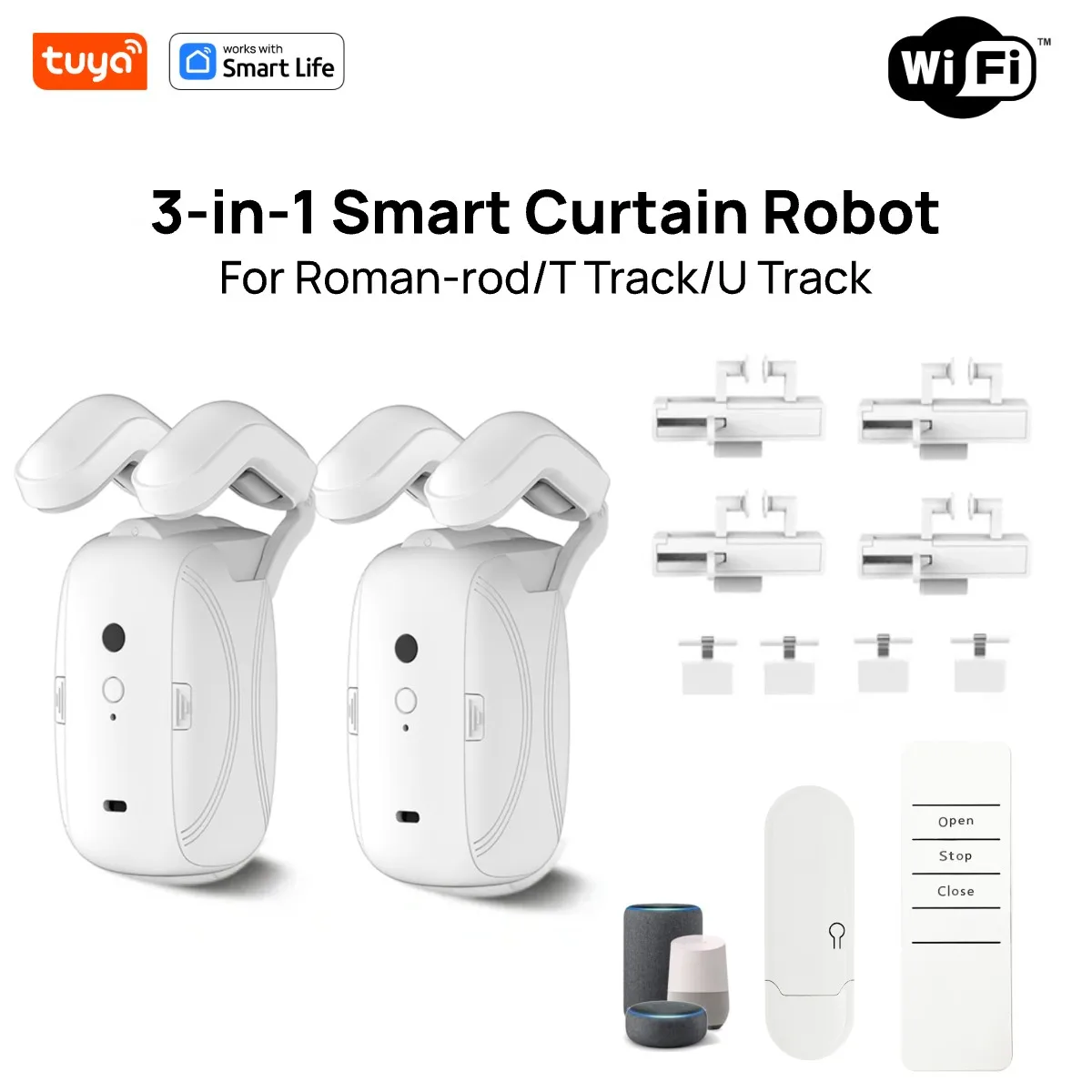 Tuya Smart Curtain Robot Gordijnmotor 3-in-1 Tuya APP / Afstandsbediening Tijdschakelaar, Pull-to-start voor Romeinse T U-sporen