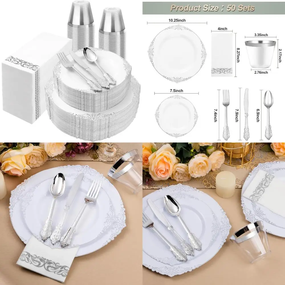 

Набор одноразовой серебряной посуды на 50 гостей: 100 тарелок, посуда 150, 50 чашек - элегантная пластиковая посуда