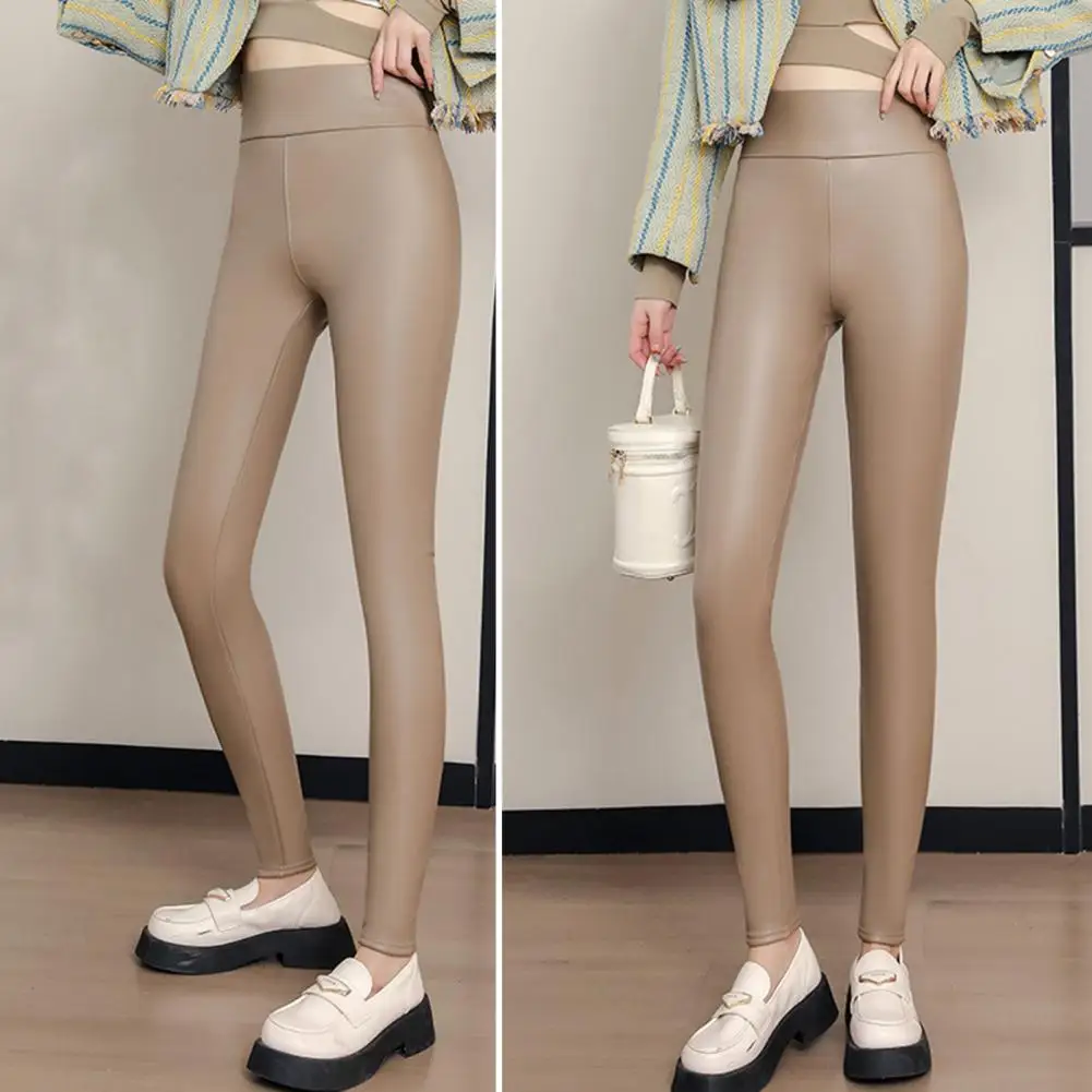 2025 Otoño Invierno polar PU Leggings de cuero mujeres alta cintura elevación de cadera apretado Sexy imitación cuero cálido Leggings pantalones de Yoga a prueba de viento