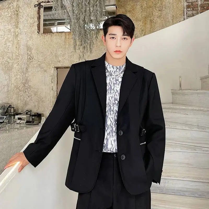 

Мужской пиджак, однотонный, с лацканами, с длинным рукавом, на двух пуговицах, лоскутная уличная одежда, модные корейские повседневные тонкие пальто, черные костюмы