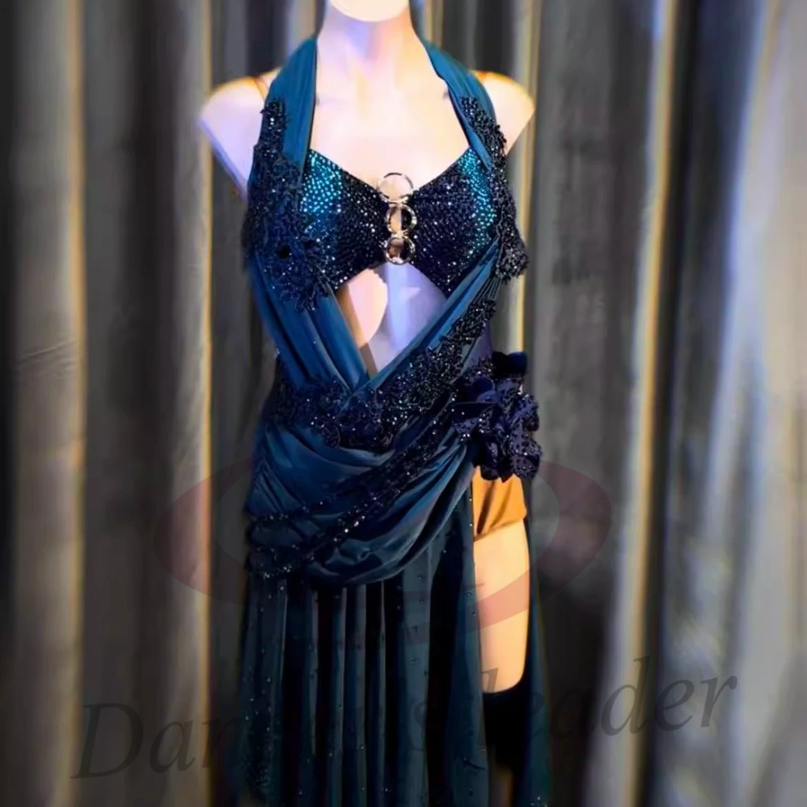 Latin Dance Costume AB Stone Female Adult Children High end Customized Irregular Premium Dress Black Pool Samba PerformanceDress