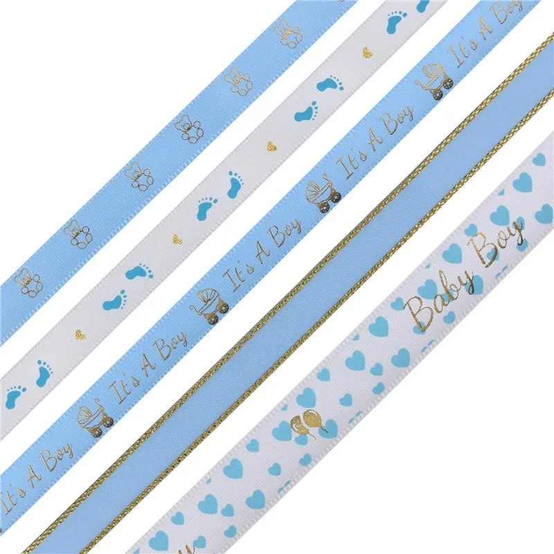 1/1.5cm Satin ribbon Blue baby boy ribbons cute bear it\'s a boy Metal gold print baby shower kid first birthday DIY Party favor