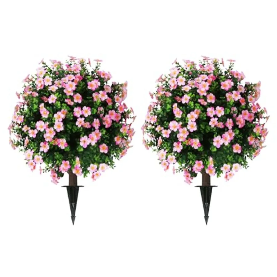 

Set of 2 Artificial Boxwood Topiary Ball Trees with Flower, Faux Shrub Bushes with Ground Spike 25.5", UV Resistant Fake Boxwoo