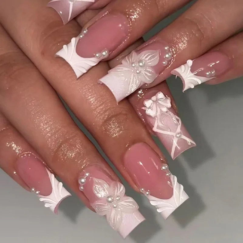 24pcs Nude Pink False Nails Patches 3D Bowknots Flower Press On Nails 2026 New Wearable White French Style Fake Nail Tips