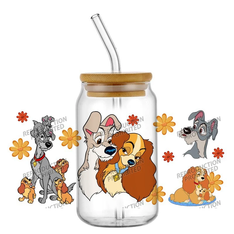 Hotsale Famous Cartoon Lovely Lady Tramp 16oz UV DTF 3D Transfer Phone Sticker Decals Wraps Glass Can Cups Creative Craft DIY