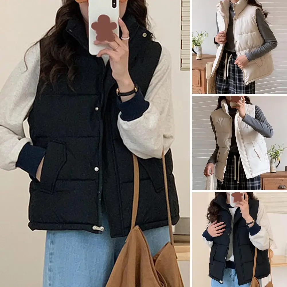 Women Vest Jacket Women's Warm Vest Jacket Autumn Winter Stand Collar Waistcoat with Pockets Buttons Zipper Closure for Ladies