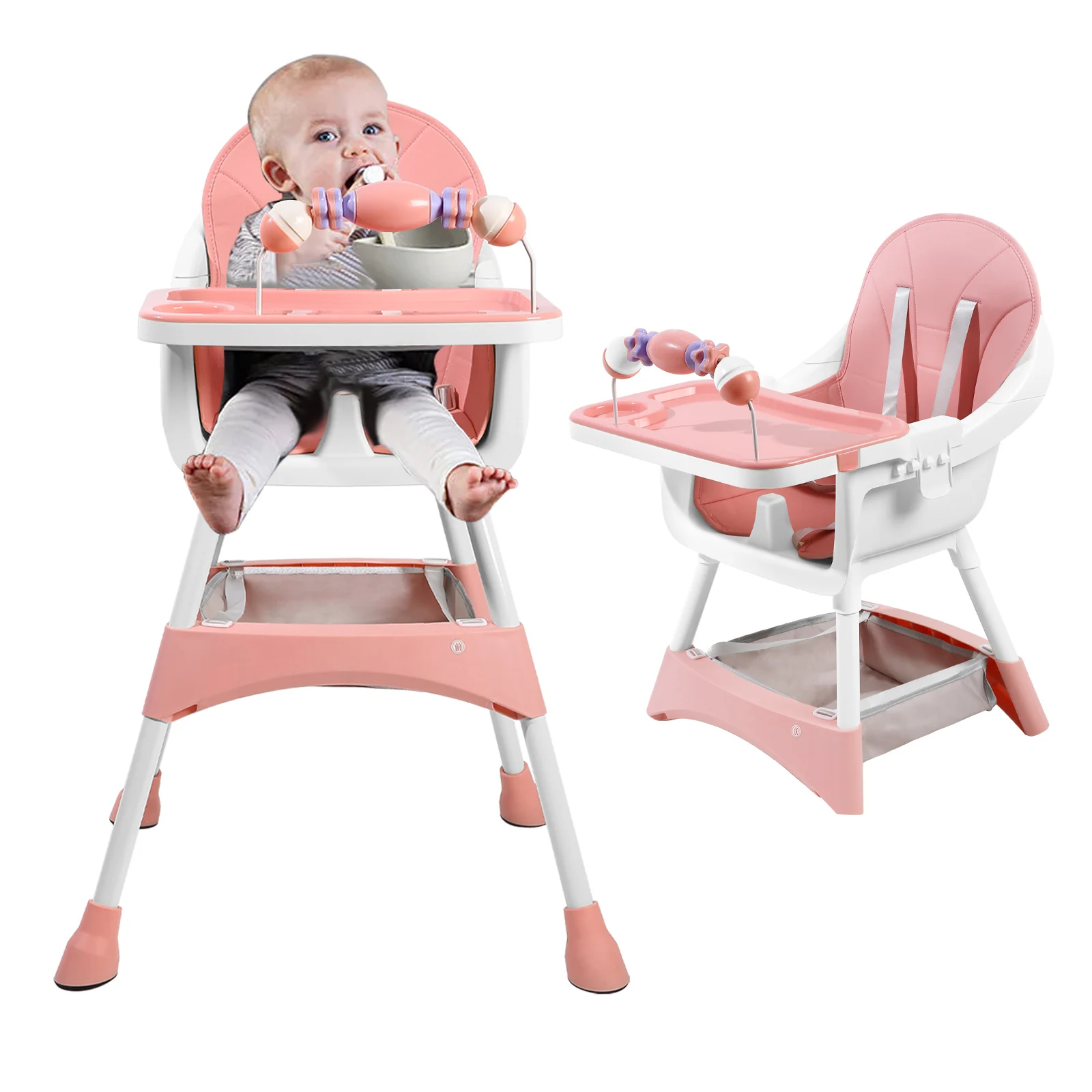 Höhenverstellbarer Baby-Hochstuhl, Umwandelbarer Hoch-/Niedrigstuhl mit Abnehmbarem Tablett, Sicherheitsgurt, Fußstütze & Spielzeugablage