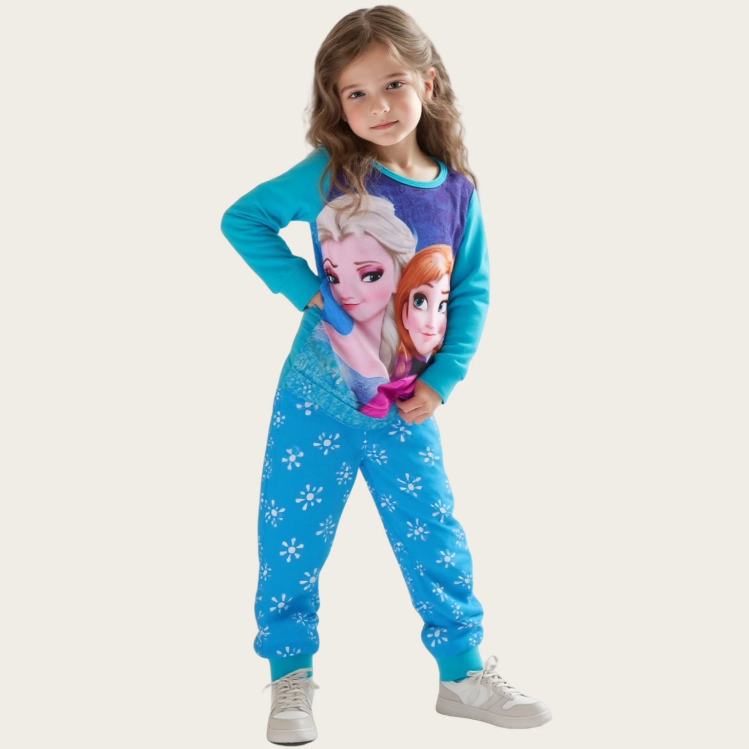NewGirls Cotton Pajama Set girl Full Print Soft Breathable Pjs Long Sleeve Anna Elsa Nightwear with Ribbed Cuffs for Toddler