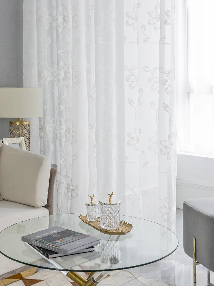 White Gauze Balcony Blackout Partition Light Impervious Curtain Bedroom Simple Modern White Flower Gauze Curtain