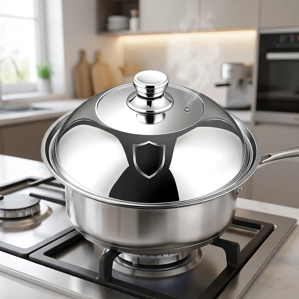 Stainless Steel Pot Lid with Heat Resistant Glass Insert and Balanced Dome Geometry for Effective Steam Management