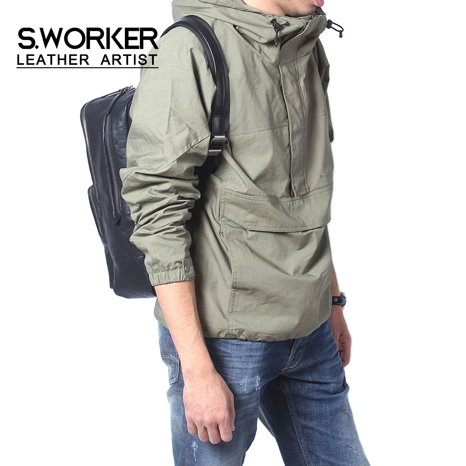 S.WORKER Lässiger Rucksack aus echtem Leder für Herren, 15-Zoll-Laptop-Rucksack aus Rindsleder, handgefertigt, modischer Preppy-Stil, Schultasche, Tagesrucksack – Detail 2