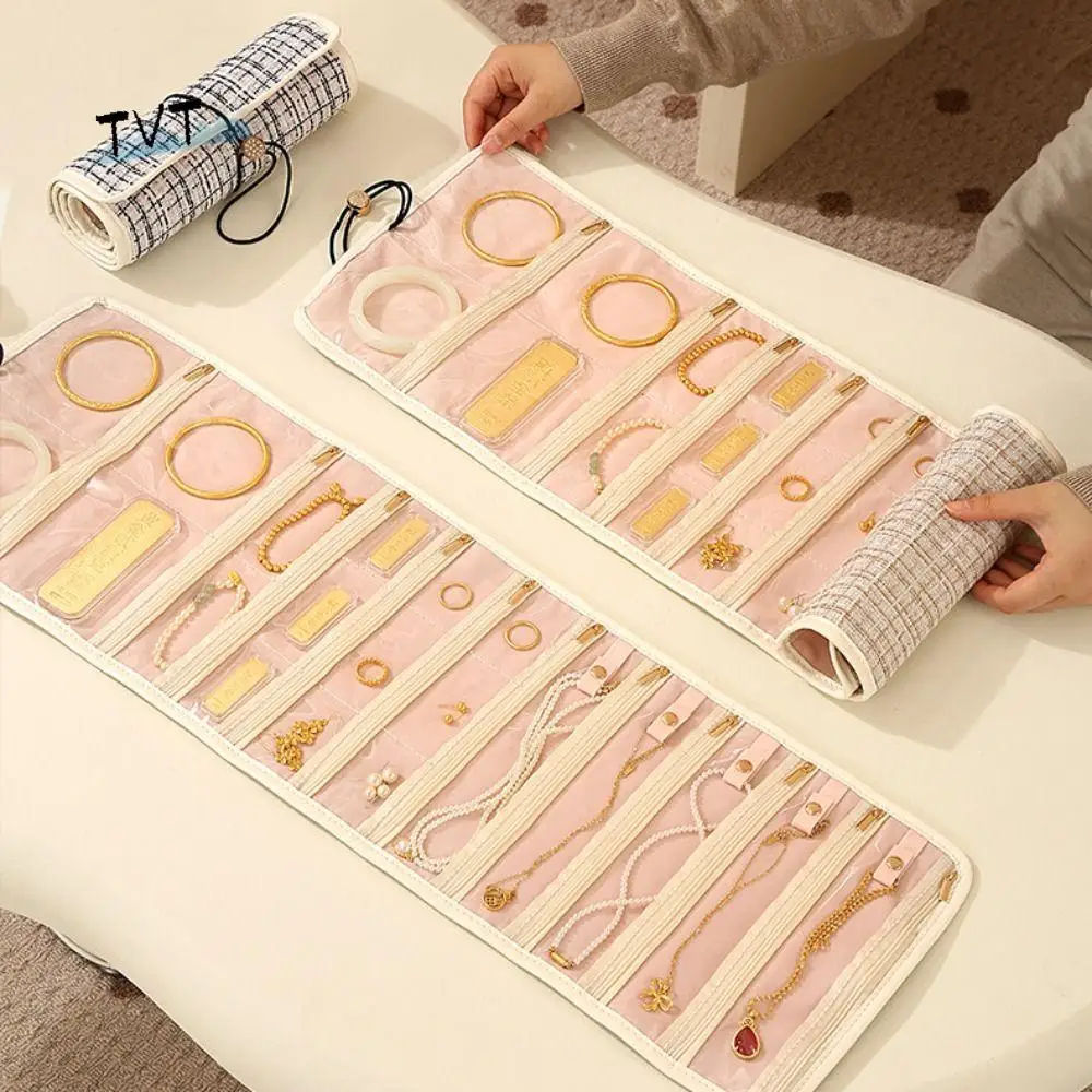 

Foldable Travel Jewelry Storage Box Multi-layer Roll Style Foldable Jewelry Bag Zipper Closure Jewelry Case Organizer