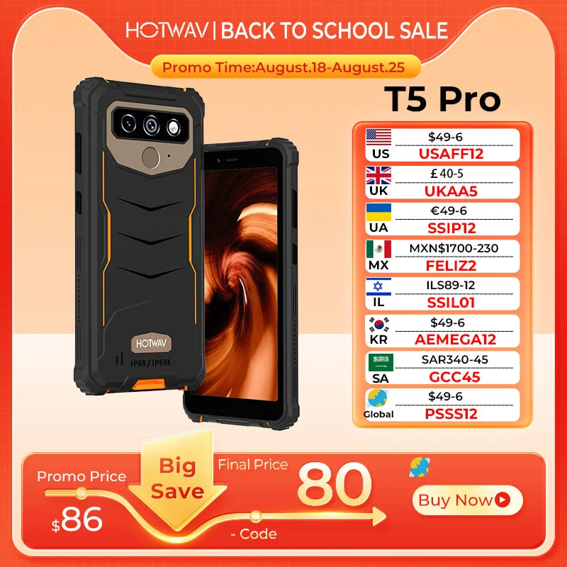 HOTWAV T5 프로 견고한 스마트폰, 안드로이드 12 OS, 4G, 7500mAh 대용량 배터리, MTK6761, 6.0 인치 화면, 4GB, 32GB, 13MP 메인 카메라 