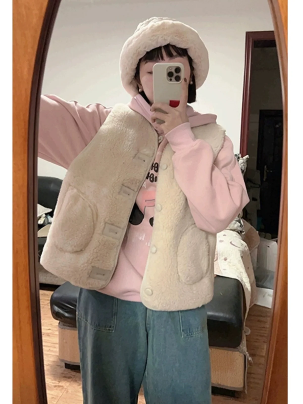 سترة فرو الحمل الكورية الفضفاضة للنساء، ملابس خريفية وشتوية عصرية غير رسمية، توب بدون أكمام مبطن، مقاسات كبيرة، متعدد الألوان