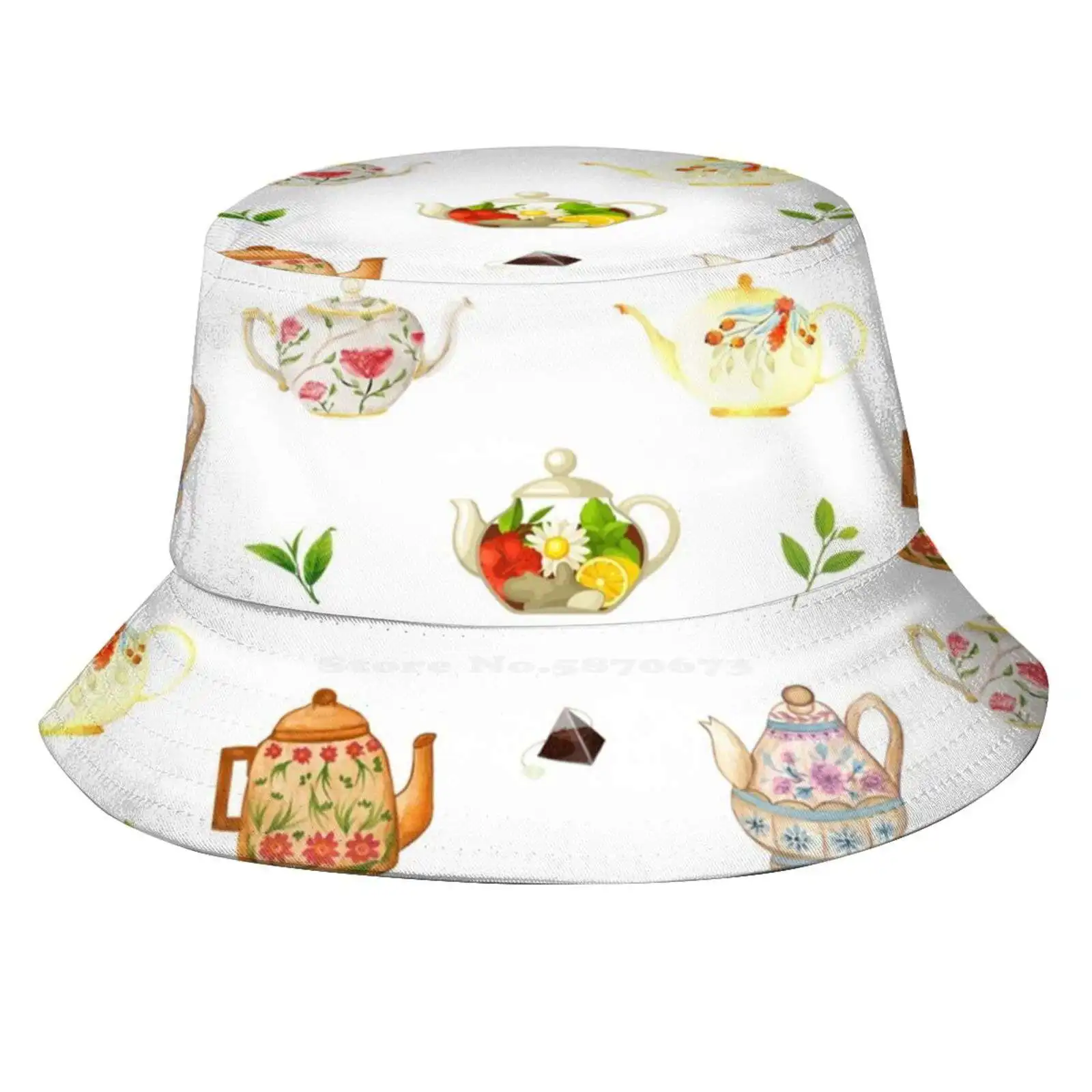 Flower Teapots And Green Tea Leaves Sun Cap Fisherman Hat Bucket Hats Vintage Teapot Floral Teapot Colorful Teapot Tea Pot