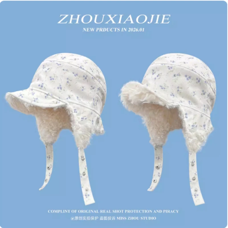 

Новые корейские вельветовые шапки-пилоты с цветочным принтом и милой защитой ушей, женские зимние уличные флисовые теплые универсальные шапки-бомберы для велоспорта