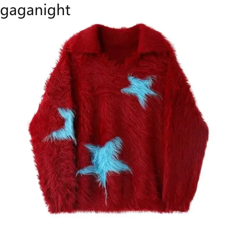 Gaganight Women High Quality Red Star Sweater Women Autumn Winter New Style Imitating Mink Fur Worn Outside Knitted Top